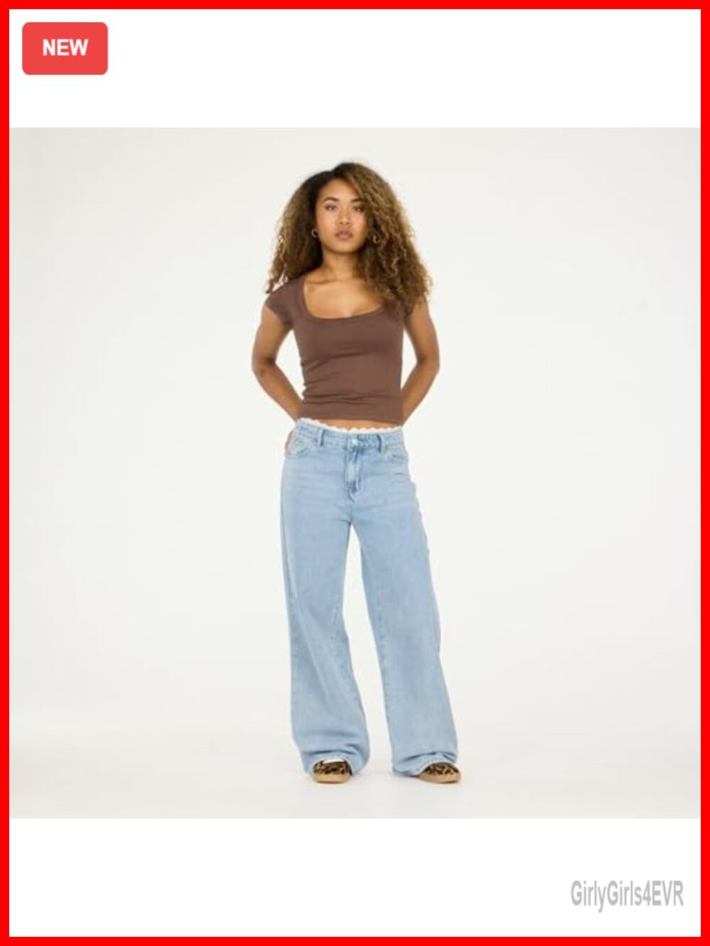 Women's Wide-Leg High-Rise Jeans with Lace Waistband - Cotton Blend - Picture 2 of 7
